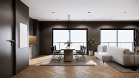 4K video. 3d rendering animation modern style room interior design and decoration with fabric sofa, dining table and black chairs, tv set, sunlight from window. High floor apartment with balcony.