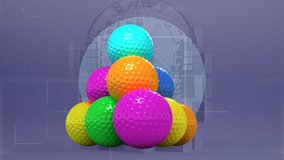 Animation of golf balls over data processing and globe. global sport and digital interface concept digitally generated video.