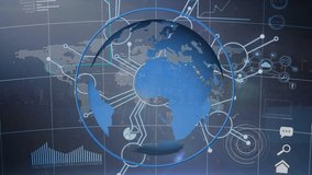 Animation of network of connections with icons and globe over world map. global business and digital interface concept digitally generated video. - Powered by Shutterstock - Get 15% off with code: PIKWIZARD15