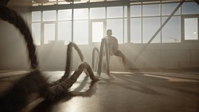 Determined young athlete training with battle ropes indoors, jumping, crouching, squatting and lunging while fighting rope during cardiovascular and bodybuilding workout. Sport Health Fitness People - Powered by Shutterstock - Get 15% off with code: PIKWIZARD15