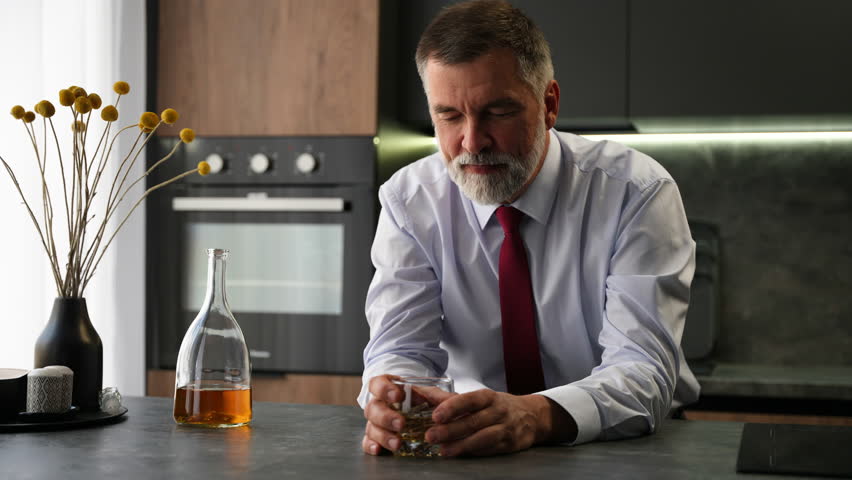 Portrait thoughtful senior man drinking whiskey in luxury interior