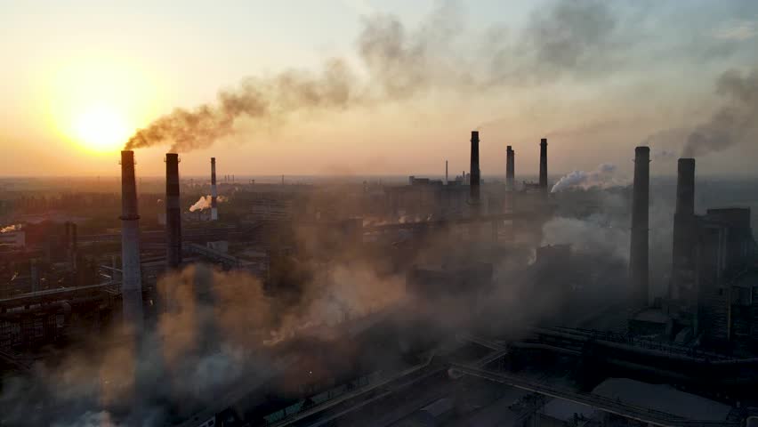 industry metallurgical plant sunrise bad ecology chimney smoke aerial 4K Royalty-Free Stock Footage #1100828039