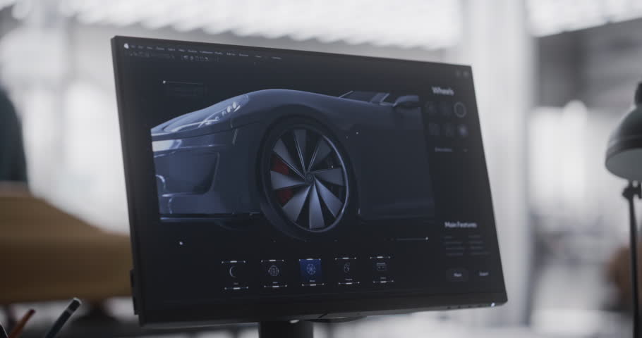 Close Up Computer Screen with 3D Customization Software for a Prototype Car. Gaming Experience for a Person Choosing Different Wheel Options for a Modern Automobile in a Vehicle Dealership Center Royalty-Free Stock Footage #1100828895