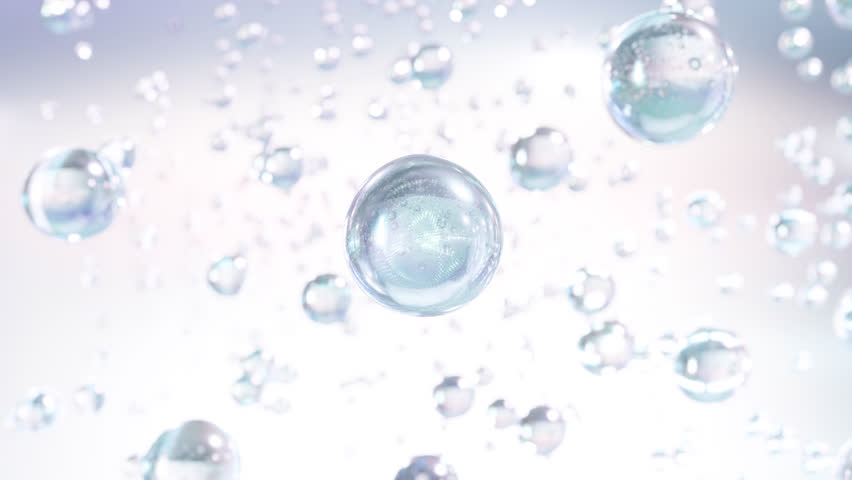 3D animation Cosmetics many atoms floating in the water. Particles inside a liquid bubble, cosmetic essence, and a liquid bubble on a background of water.