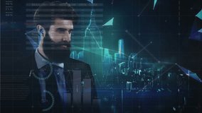Animation of caucasian businessman over data processing. global business, connections and digital interface concept digitally generated video.