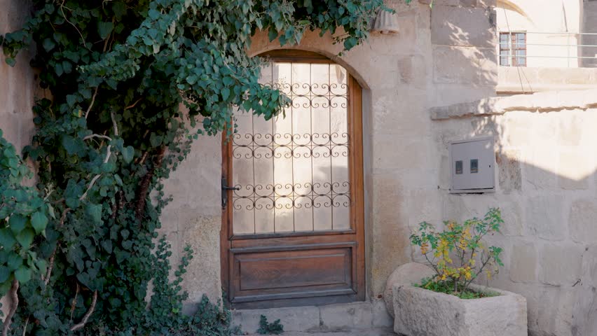 green plants around the old wooden gate at the entrance of the stone building