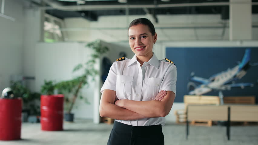 Front view of pretty, female pilot teaching, instruction in classroom. Woman wearing uniform standing with crossed hands, looking at camera, smiling. Concept of enjoying aviation. Royalty-Free Stock Footage #1100832979