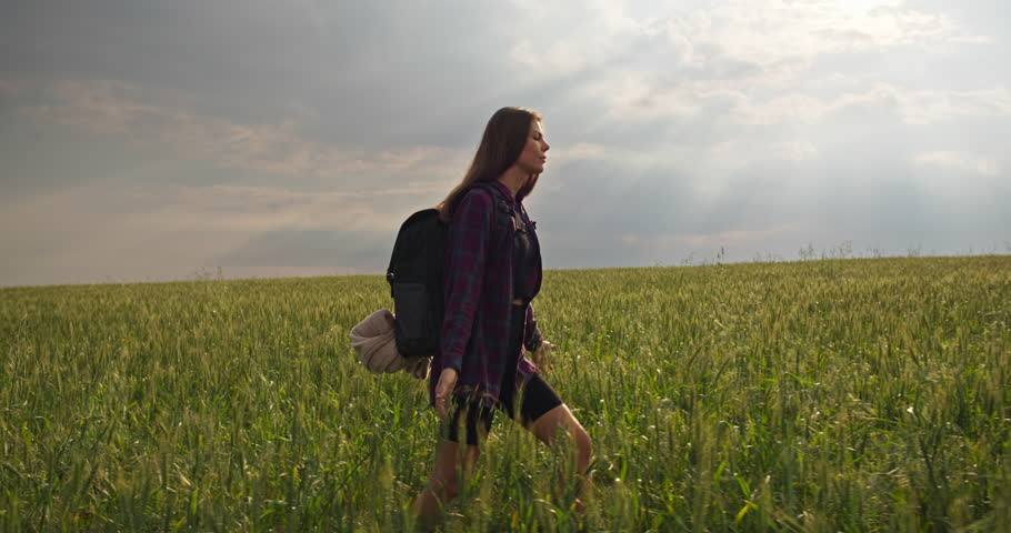 A dreamy Caucasian woman strolls through the field. The girl walks on the green grass in a beautiful landscape touching the grass with tricks. High quality 4k footage