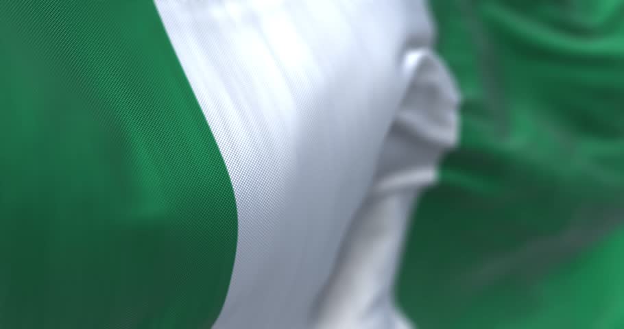Close-up view of the Nigeria national flag waving. Three equal vertical bands: green, white and green. 3d render animation. Selective focus. Slow motion loop. Close-up. Textured fabric background Royalty-Free Stock Footage #1100835349