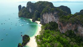 Koh Hong in Krabi, Thailand is a beautiful island with clear waters, white sand beaches, limestone cliffs, and peaceful atmosphere. aerial view from drone. High quality stock footage. nature concept
