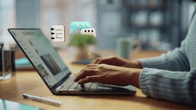 Social Media Chat Visualization Concept: Anonymous Woman Uses Laptop Computer, Types Chat Messages. Global Internet Connectivity, 3D Emoji, Texting, Meme Icons Flying out of Device. Medium Arc Shot - Powered by Shutterstock - Get 15% off with code: PIKWIZARD15