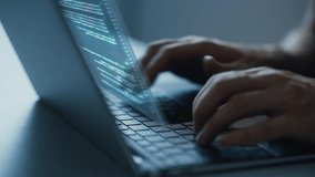 Software Programmer Working on Computer, Engineering Neural Network, Creating Machine Learning App, Doing Big Data Analysis, Optimizing AI. Animated Projection Overlayes Screen. Focus on Hands - Powered by Shutterstock - Get 15% off with code: PIKWIZARD15