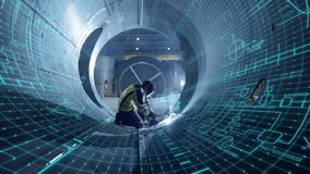 Industrial 4.0 Digital Visualization Concept: Heavy Industry Welder Working, Welding Inside Pipe. Construction of NLG Natural Gas and Fuels Transport Pipeline. Future of Clean Green Power and Energy - Powered by Shutterstock - Get 15% off with code: PIKWIZARD15