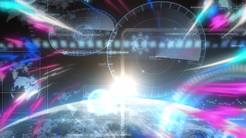 Animation of blue and pink lights moving fast over tech icons and globe. global data processing and technology concept digitally generated video. | Shutterstock HD Video #1100840079