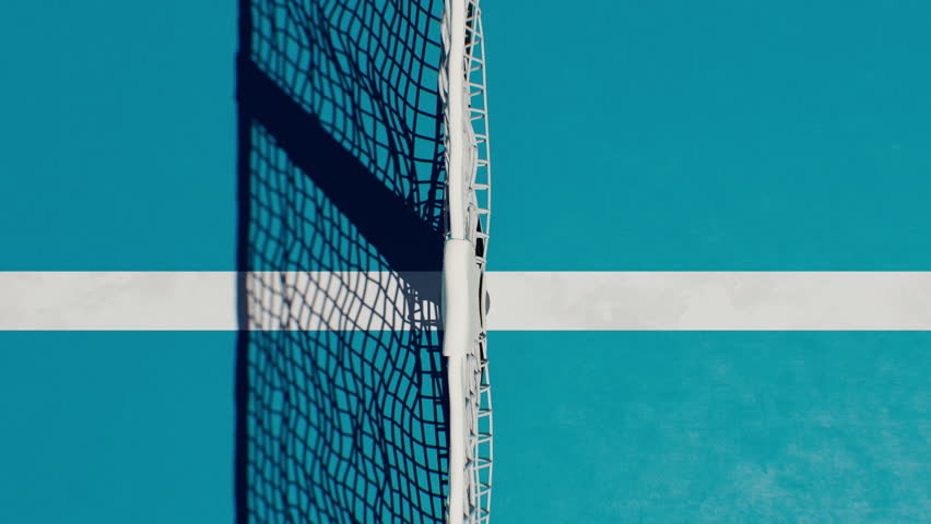 Tennis Court Aerial View Playing Game. Camera Rising Above the Flying Ball and Net. Ball Flies from Side to Side. Sport Concept 4k UHD 3840x2160.  Royalty-Free Stock Footage #1100841221