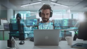 Young Hispanic Male Software Developer Working in Technological Start-Up Office. Latin Specialist Programming Monitoring Solutions. VFX Hologram Animation Visualizing Interfaces, Opened Windows. - Powered by Shutterstock - Get 15% off with code: PIKWIZARD15