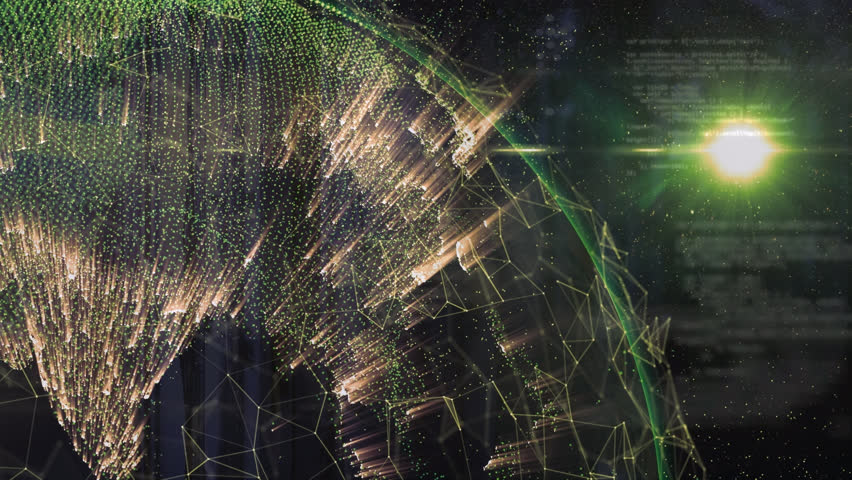 Animation of globe with lights and signals rotating over space and sun. global network, connections, data and technology concept digitally generated video. | Shutterstock HD Video #1100843173