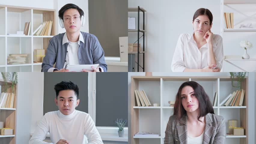 E-learning video call. Online lecture. Remote education. Female teacher diverse students discussing project in virtual class chat. | Shutterstock HD Video #1100844383