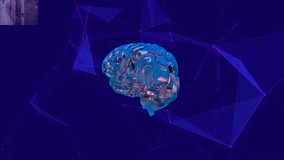 Animation of brain rotating over blue background with shapes. global network, connections, data and technology concept digitally generated video.