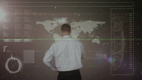 Animation of graphs, data and back view of caucasian businessman using touchscreen. global network, connections, business and technology concept digitally generated video.
