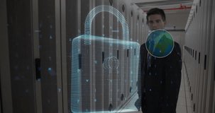 Animation of digital padlock and caucasian man showing open hand in front of servers. internet security, data safety and technology concept digitally generated video.