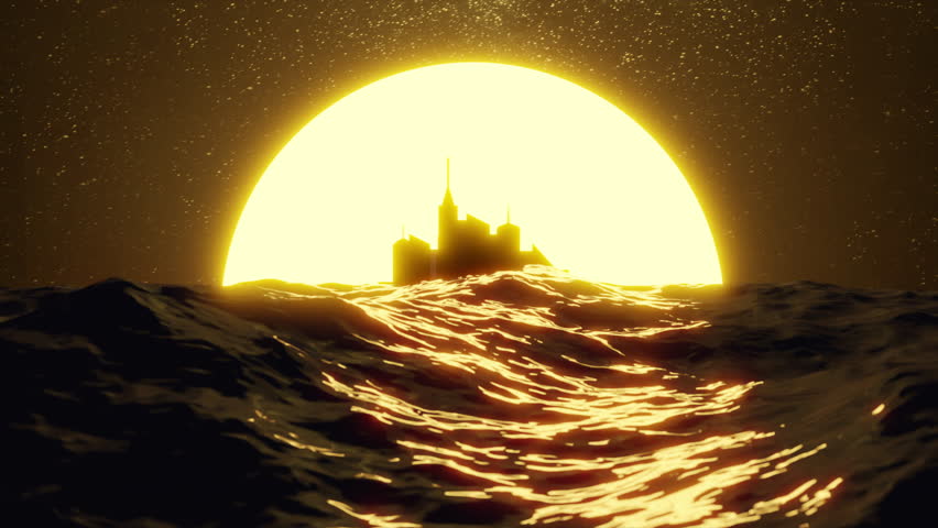 Low sitting sun. Golden sunset over mystic city in the stormy ocean. Wavy sea at dusk or dawn. Romantic 3D render, seamless looping.