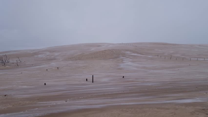snowstorm in winter in the desert. sand dunes Lacka Dune in Slowinski National Park. Leba, Poland, Europe. natural sound.