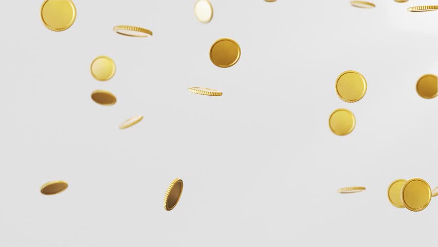Loop video. Slow motion. Gold coins falling down. Concept: coin, 3d, money, background, winner, business, gold, finance, casino, metal, investment, bank, financial, commercial. Seamless loop 4k video. Royalty-Free Stock Footage #1100847645