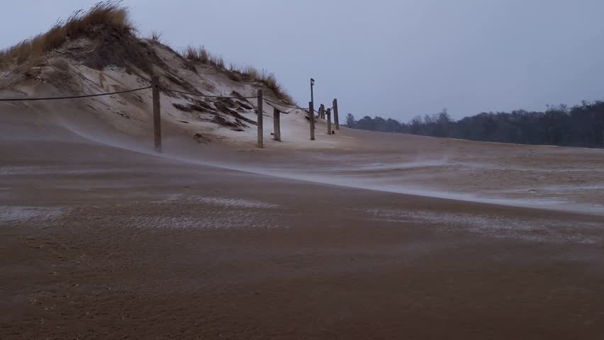 snowstorm in winter in the desert. sand dunes Lacka Dune in Slowinski National Park. Leba, Poland, Europe. natural sound.