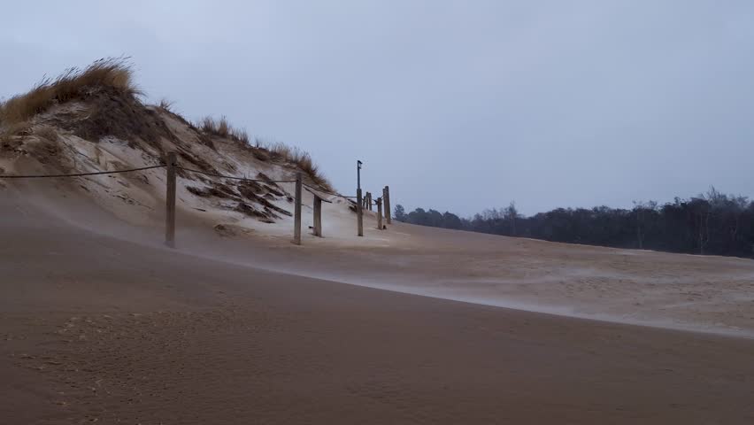 snowstorm in winter in the desert. sand dunes Lacka Dune in Slowinski National Park. Leba, Poland, Europe. natural sound.