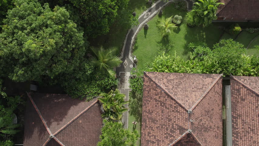 Drone top-down view of a luxury resort with villas and palm trees in Bali | Shutterstock HD Video #1100849331