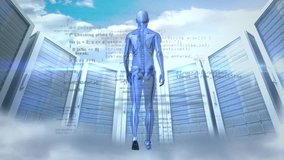 Animation of data processing and human walking over servers. global technology and digital interface concept digitally generated video.