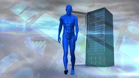 Animation of digital screens and human walking over server. global technology and digital interface concept digitally generated video.
