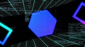 Animation of data processing and shapes on black background. global business and digital interface concept digitally generated video. - Powered by Shutterstock - Get 15% off with code: PIKWIZARD15