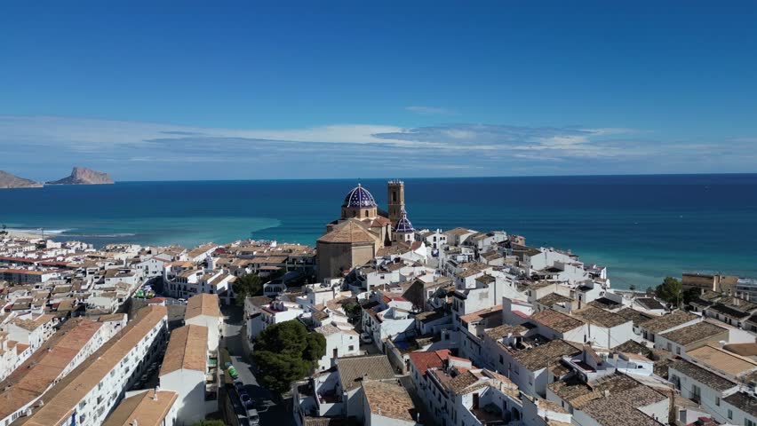 Aerial view Church of Our Lady of Consolation, Altea in Spain with 
mediterranean sea in background.
Catholic Church in Costa Blanca,Spain.