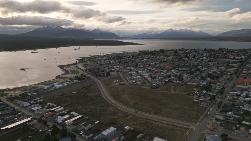 Aerial View Of Houses Landscape, Sea During Sunny Day in Puerto Natales, Chile, Scenic Antarctic Patagonia, Gulf Montt