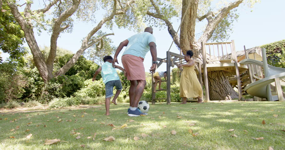 Happy african american grandparents with grandchildren playing football in garden, in slow motion. Spending quality time at home concept. Royalty-Free Stock Footage #1100856039
