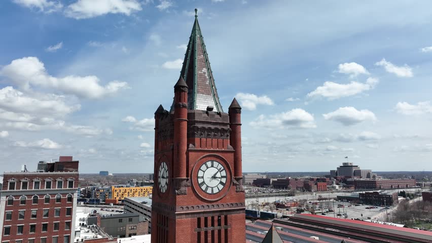 Indianapolis Indiana City Skyline Partly Cloudy Spring Day Aerial 4K