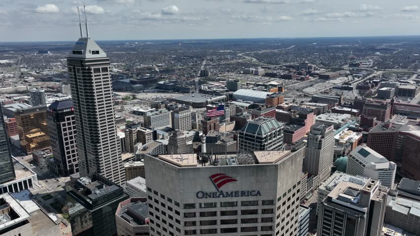 Indianapolis Indiana City Skyline Partly Cloudy Spring Day Aerial 4K