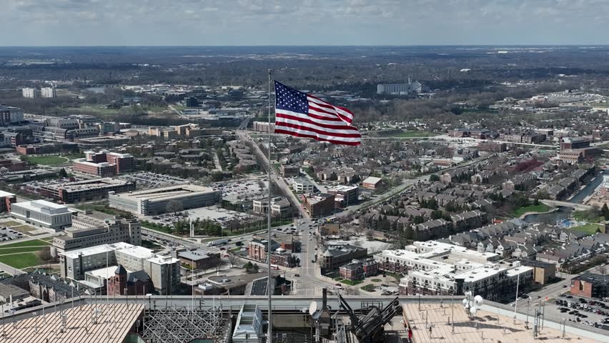 Indianapolis Indiana City Skyline Partly Cloudy Spring Day Aerial 4K