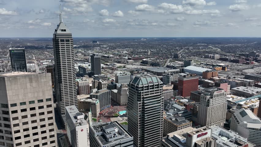 Indianapolis Indiana City Skyline Partly Cloudy Spring Day Aerial 4K