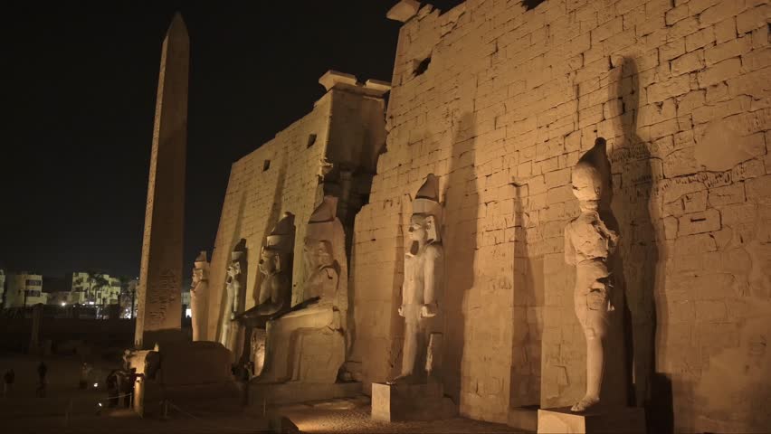 Obelisk at Luxor Temple, Egypt at Night Illuminated with Light