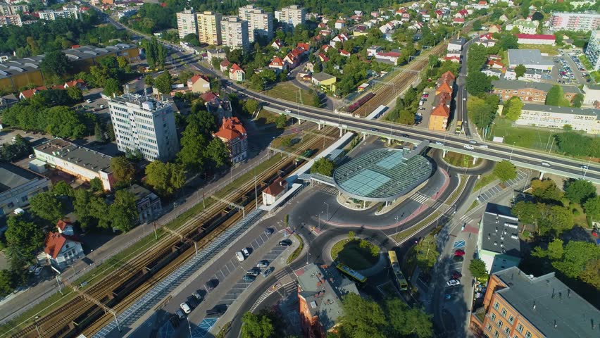 Crossing Over The Railway Track Zielona Gora Przejazd Aerial View Poland