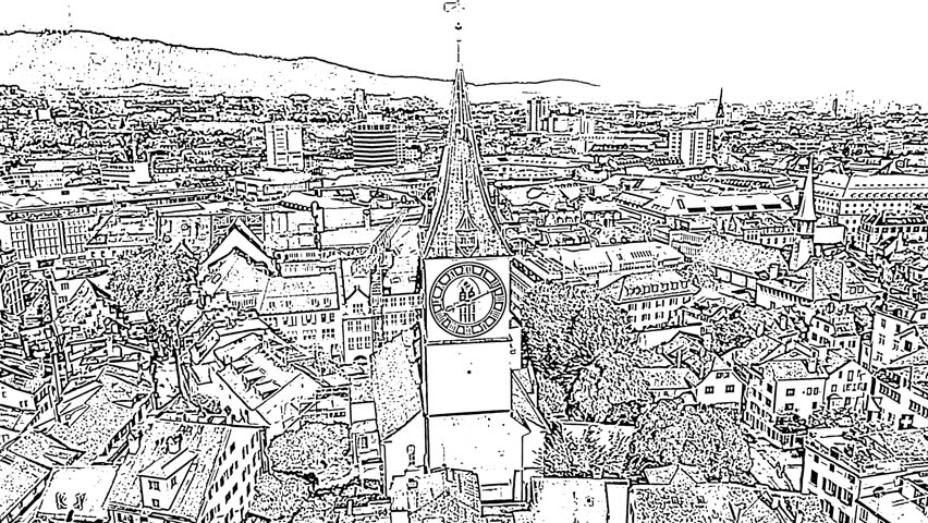 Zurich, Switzerland. The St. Peter Church clock tower dominates the aerial panorama, its four-sided clock face measuring 8.7 meters in diameter and standing as the largest church clock face in Europe. The tower rises above a dense tapestry of historic rooftops and winding streets in the old town, while the camera slowly orbits to reveal the Limmat River cutting through the urban landscape toward the broad expanse of Lake Zurich. The Fraumunster Church spire and the Grossmunster towers punctuate the skyline in the middle distance, framed by the wooded hills that encircle the city. Rendered entirely in crisp black ink linework against a white ground, the illustration captures the geometric rhythm of European architecture, the organic texture of tree canopies, and the reflective surface of the water with uniform cross-hatching and contour lines. The scene is set under bright, even daylight with no visible clouds, emphasizing the clarity of the aerial vantage point. The overall atmosphere is serene and timeless, blending cartographic precision with artistic hand-drawn character, Point of interest. Sketch doodle style.