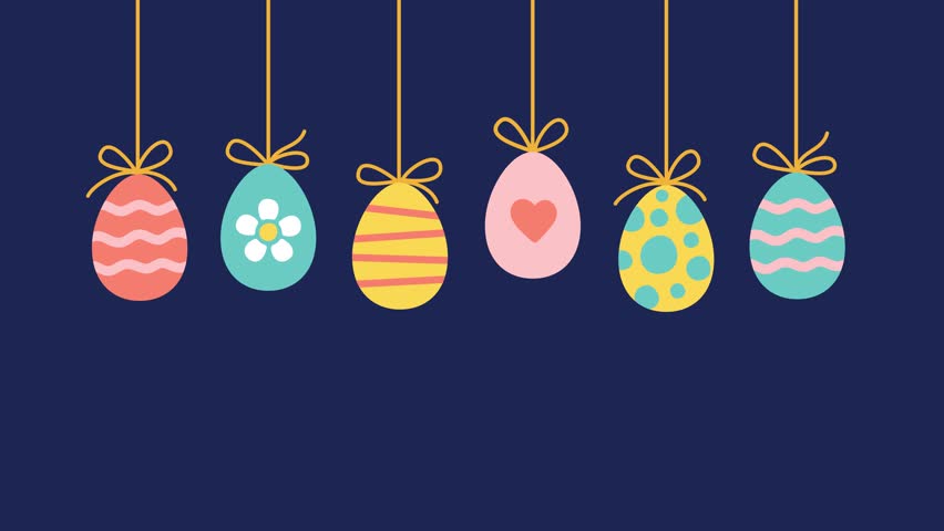 Easter eggs in a doodle style fall on top and hanging on a rope. 4K animation on a blue background for text massage Royalty-Free Stock Footage #1100863579
