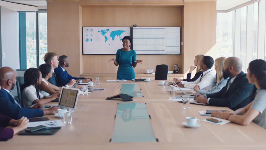 High five, success or business people in meeting applause for company growth or marketing SEO target review. Diversity, motivation or teamwork for celebration, goals for presentation achievement
