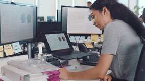 Data analytics, computer or business woman writing in notebook for data analysis, internet research or planning Marketing KPI. Thinking, tech or black woman for web design, SEO review or strategy - Powered by Shutterstock - Get 15% off with code: PIKWIZARD15