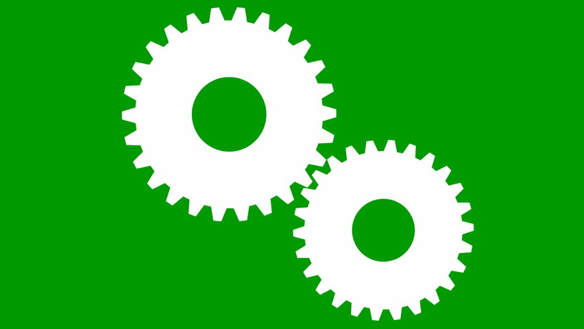 Animated white two gears spin. Looped video. Concept of teamwork, business.  Vector illustration isolated on green background.