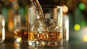 Super slow motion of pouring whisky into glass with speed motion. Filmed on high speed cinema camera, 1000 fps, placed on high speed cine bot. Bar with bottles on background. - Powered by Shutterstock - Get 15% off with code: PIKWIZARD15