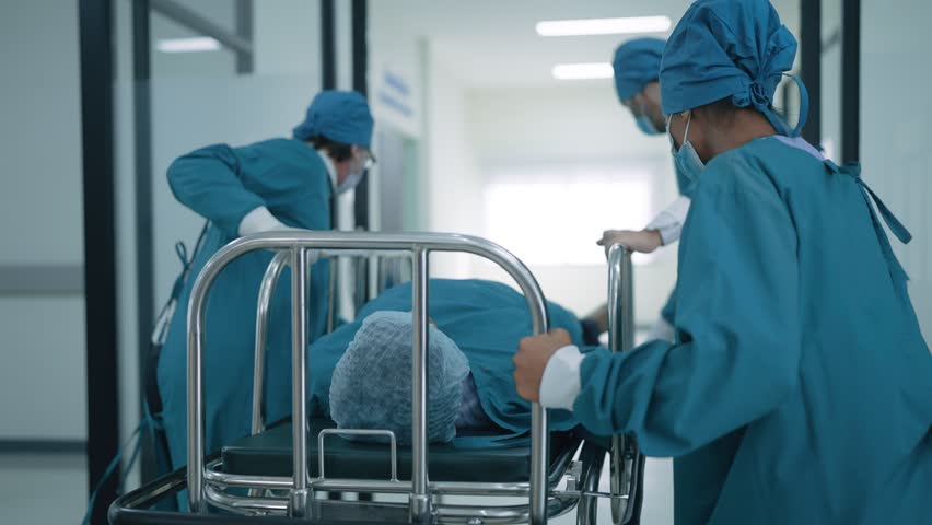 Medical team in uniform helping pushing the patient's bed. to be treated in a hospital emergency room Royalty-Free Stock Footage #1100870003